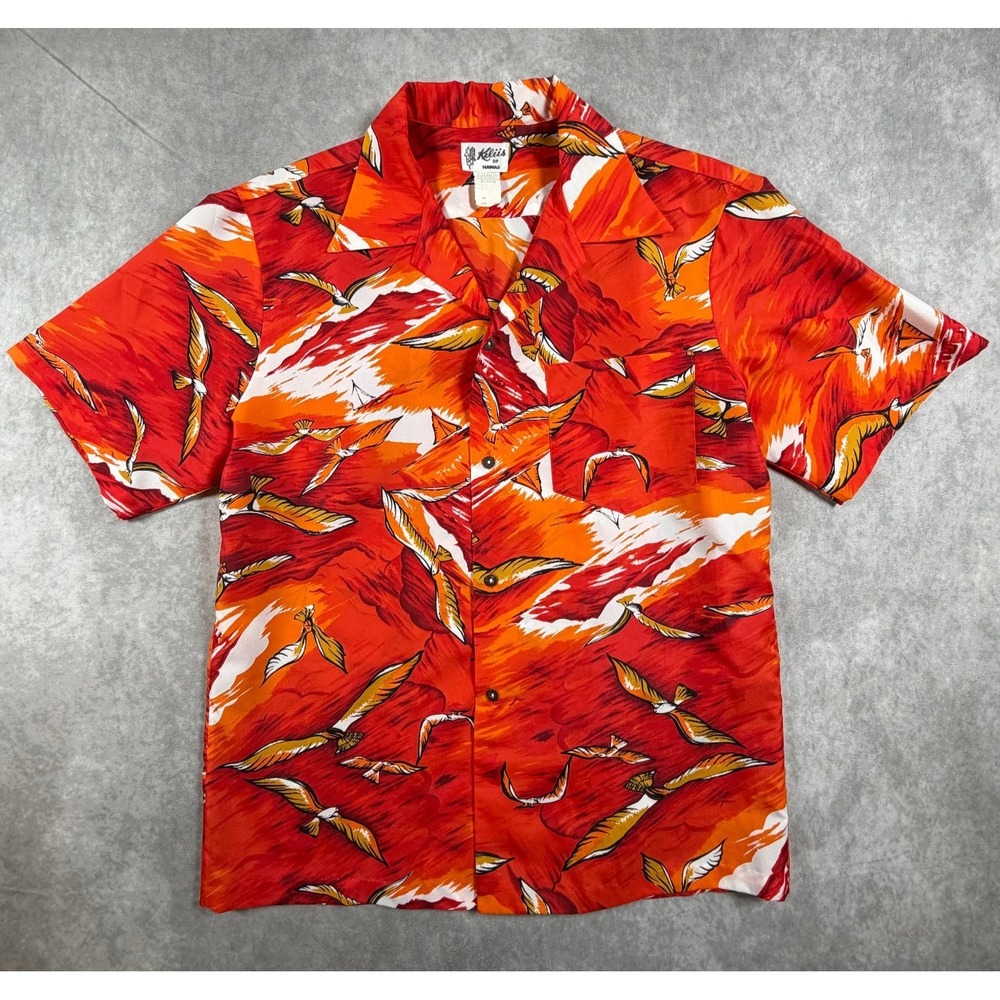 Keliis of Hawaii Vintage Mens Large Aloha Shirt Red Orange Seagull Print 70s